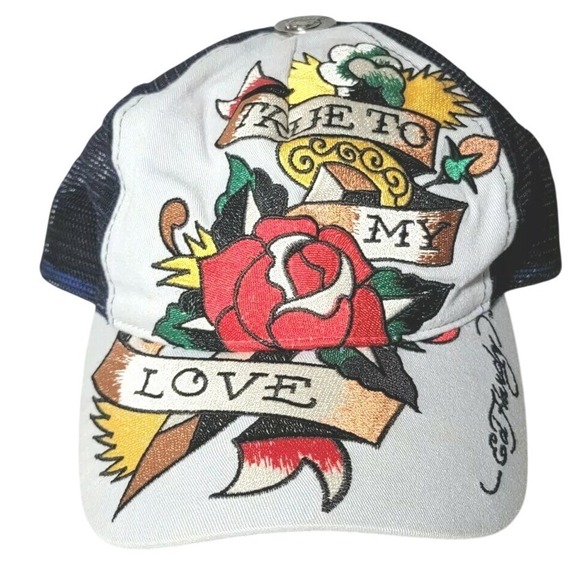 Don Ed Hardy Mesh Trucker Hat Cap True to My Love Two Tone Denim Gray Vintage - Picture 2 of 8